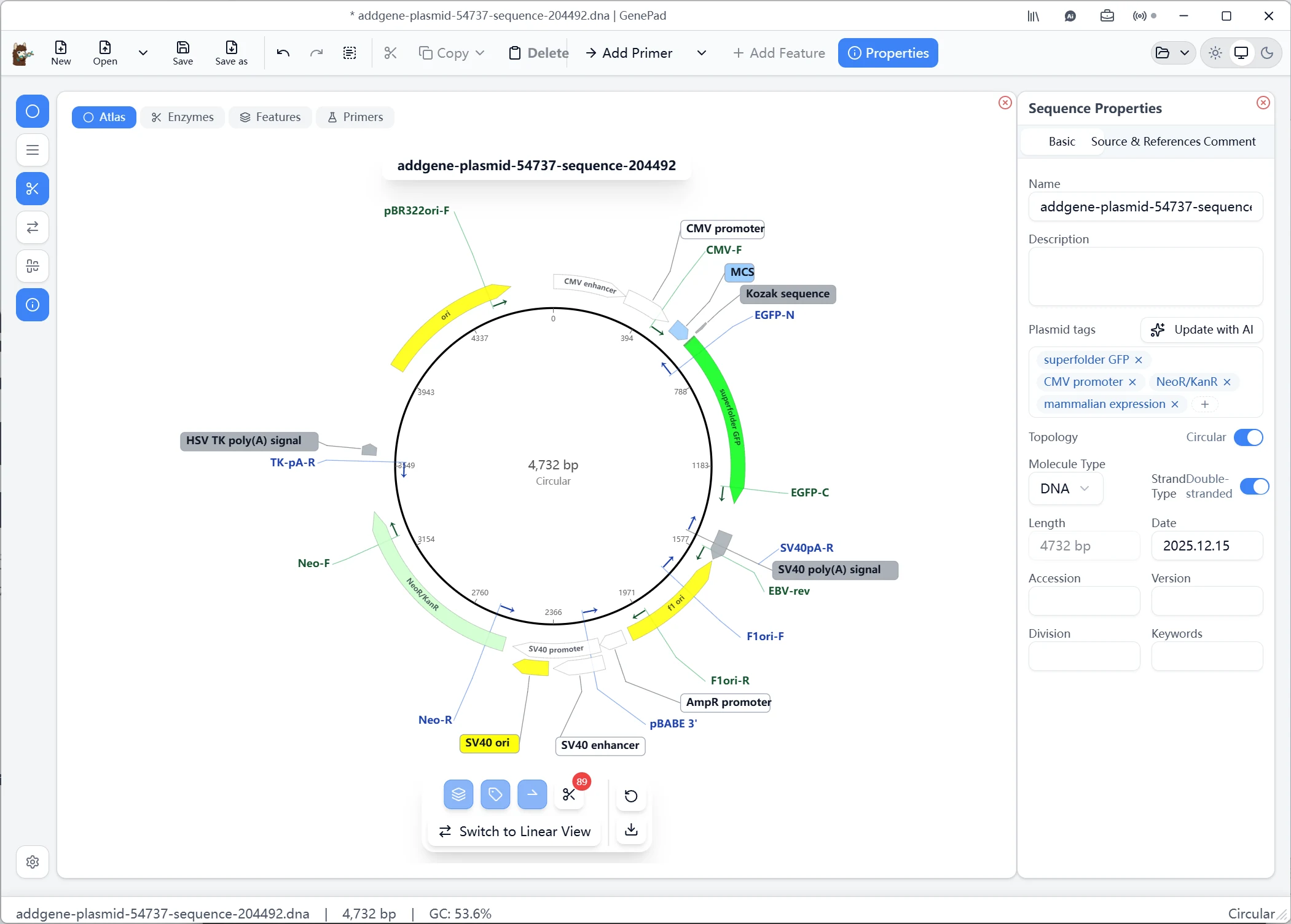 CIRCULAR MAP — 26 ANNOTATIONS · 89 ENZYME SITES