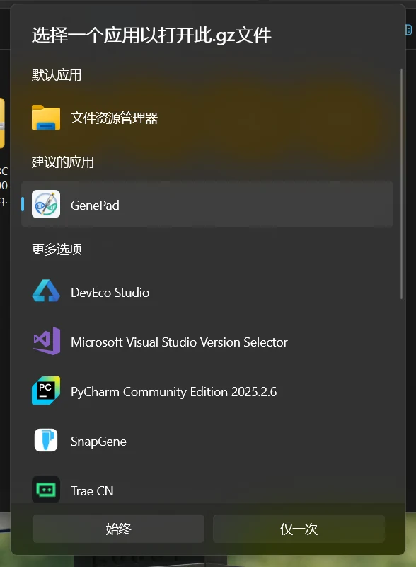 选择其他应用 — 在系统列表中选中 GenePad,可设为默认