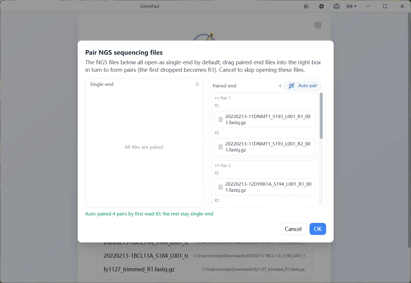 PAIR NGS FILES — 按首条 read ID 自动配对,也可手动调整